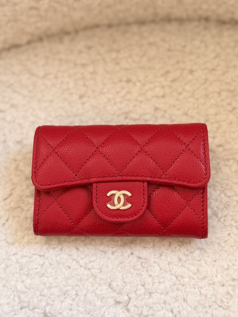 CHANEL Red Quilted Caviar Leather Mini Wallet with Gold CC